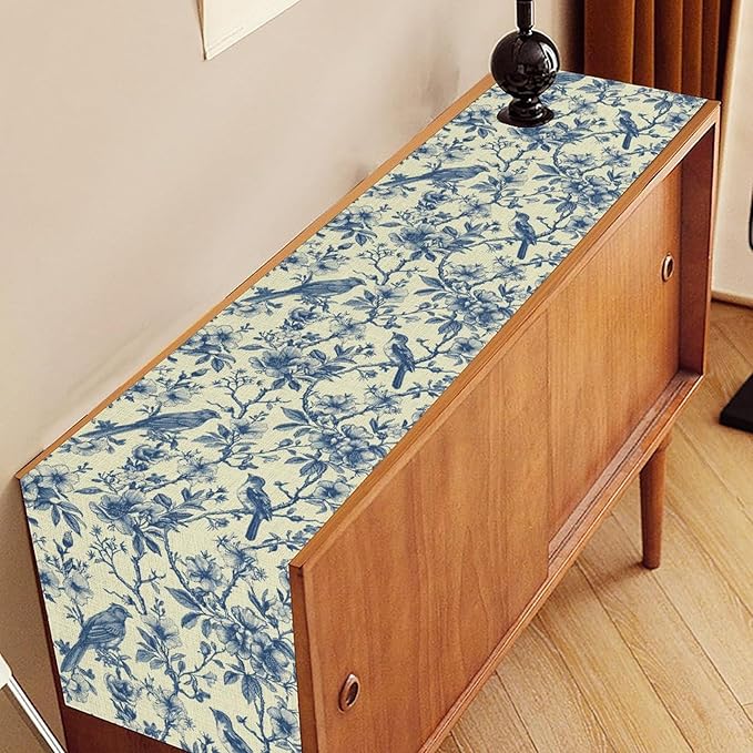 Blue Birds Floral Table Runner, Monochrome Sketch Japanese Boho Spring Seasonal Chinese Table Center Decor for Kitchen Family Country Restaurant and Living Room Table Decorations, 13" X 108"