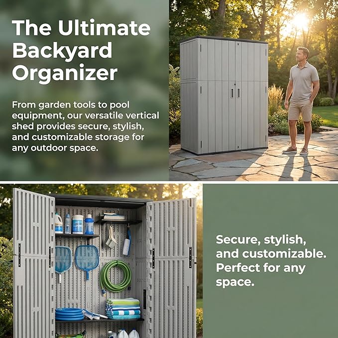 Outdoor Storage Shed 57 Cu.ft with 6 Adjustable Shelves – Weatherproof Resin Storage Cabinet with Floor, Lockable Vertical Shed for Garden Tools, Lawn Mower, Pool Equipment & Organization