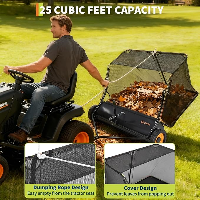 GarveeTech 44 Inch Lawn Sweeper Tow Behind, 26 cu. ft Large Hopper Grass Sweeper Tow Behind, Heavy Duty Leaf & Grass Collector, Adjustable Brush Height Lever and Dumping Rope, Pull Behind Sweeper Yard