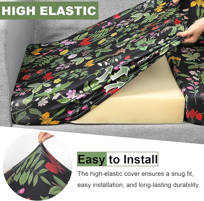 pickyNproud 8Pcs Patio Cushion Covers Stretch Outdoor Couch Cushions Slipcovers Replacement Washable Furniture Protector with Elastic Bottom Sofa Chair Seat Cover, Black Flower