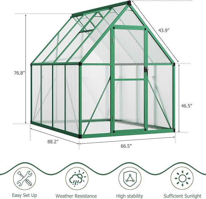CABIHOME 6x7 FT Outdoor Greenhouse, Polycarbonate Greenhouse with Roof Vent and Ground Nails, Aluminum Large Walk-in Green House w/ Lockable Push Door for Outside Garden Backyard (Green, 6x7 FT)
