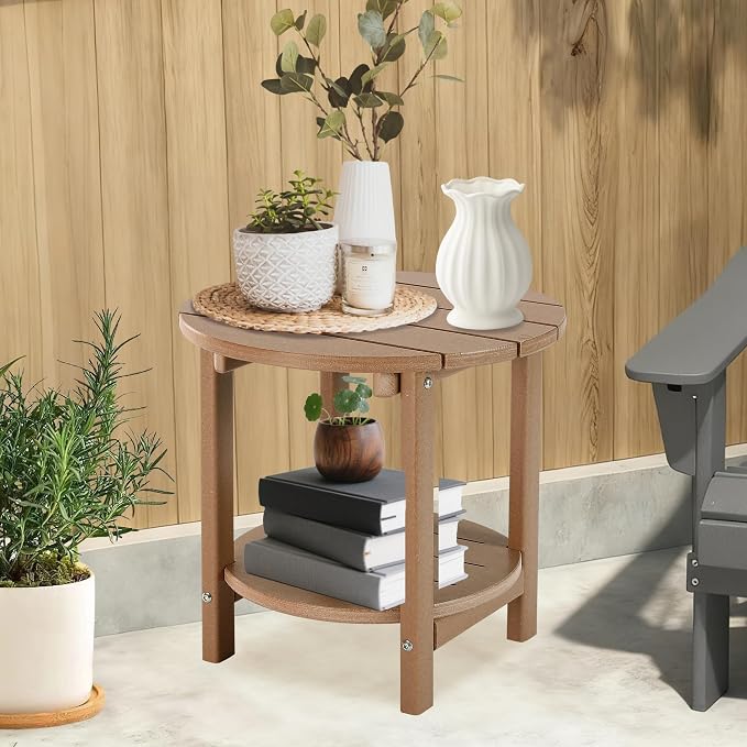 LZRS Adirondack Side Table Double End Table, Outdoor Coffee Tables for Patio, Backyard,Pool, Indoor Companion, Easy Maintenance & Weather Resistant(Teak)