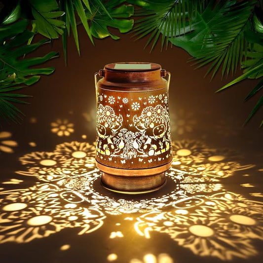 Solar Lantern Outdoor Garden Decor - Metal Highland Cow Hanging Lights with IP65 Waterproof, Rustic Farmhouse Patio Accessories, Western Yard Decorations Gifts for Mom Women Boys