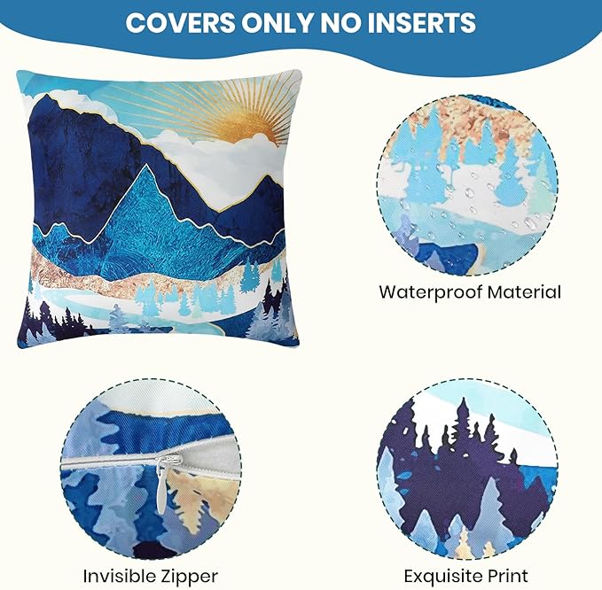 Premillow Outdoor Pillow Covers 18x18 Inch Set of 4, Sunset Blue Hill Decor Throw Pillow Covers Outside Waterproof Pillow for Patio Furniture Bench Chair Couch Sofa