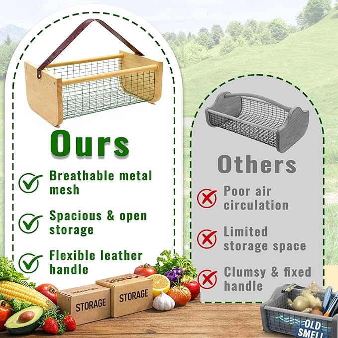 Garden Hod Harvest Basket, 16 x 10 x 7in Gardening Harvest Baskets with Leather Handle, Solid Wood with PVC Wire Mesh, Garden Baskets for Gathering Vegetables