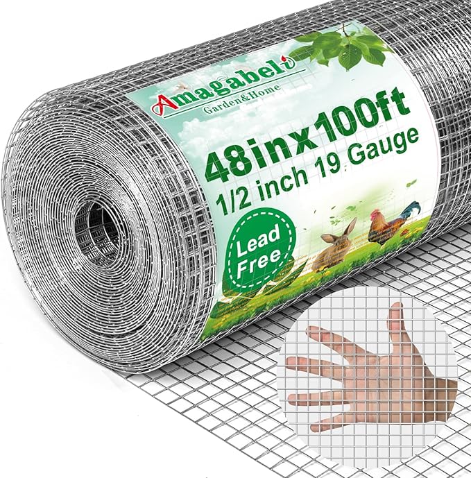 AMAGABELI GARDEN & HOME Hardware Cloth 1/2 Inch 48inch x 100ft 19 Gauge Chicken Wire Fence Weld Wire Fence Mesh Roll Garden Fencing Border Plant Support Poultry Netting Snake Fence Gopher Wire