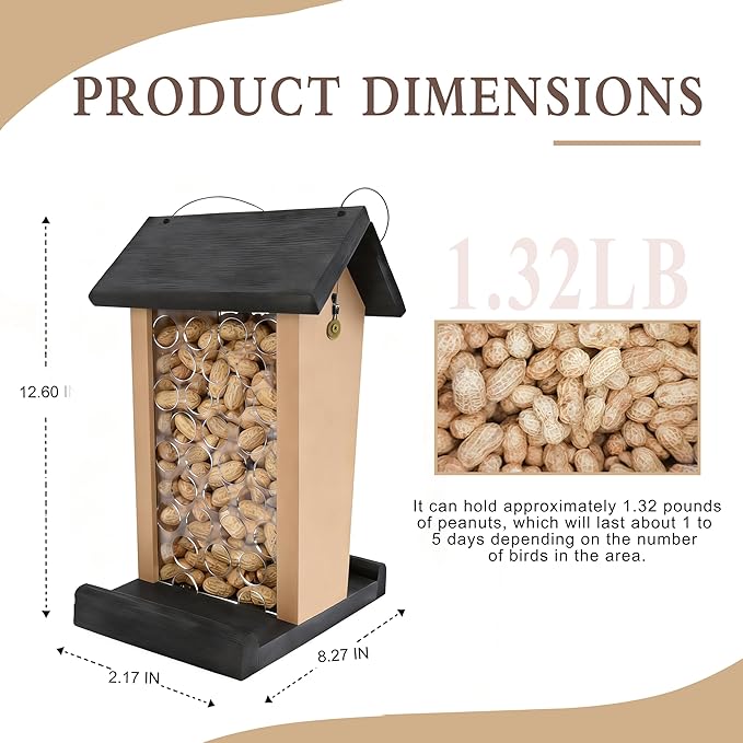 Crow Feeder - Hanging Whole Peanut Bird Feeder, Durable Solid Wood, Attracts Crows, Woodpeckers, Large Birds & Blue Jays - Outdoor Garden, Yard Use