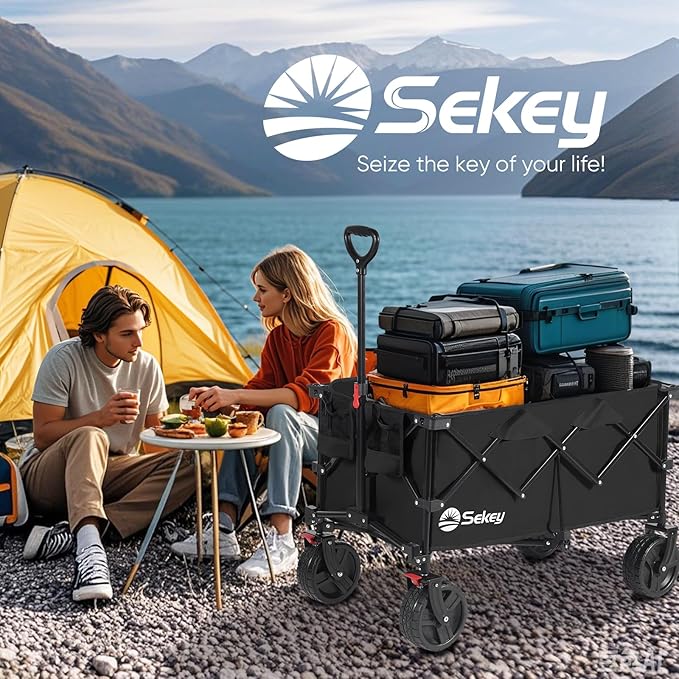 Sekey 220L Wagons Carts Foldable with Big All-Terrian Beach Wheels, Collapsible Heavy DutyWagon with Cup Holders, Extra Large Folding Wagon,Foldable Wagon for Camping, Garden, Sports. Black