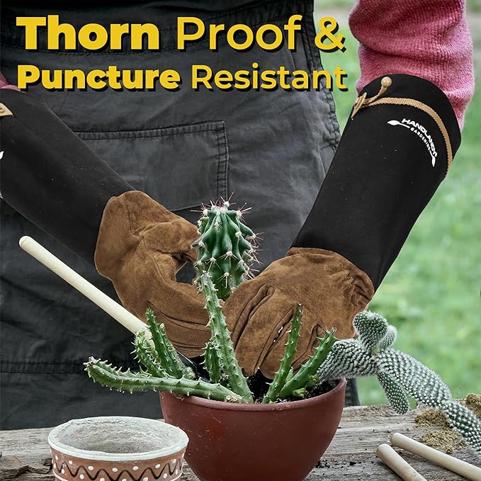 HANDLANDY Long Gardening Gloves for Men & Women, Pigskin Leather Rose Pruning Gloves, Breathable Thorn Proof Gauntlet Glove (Coffee Brown, M)