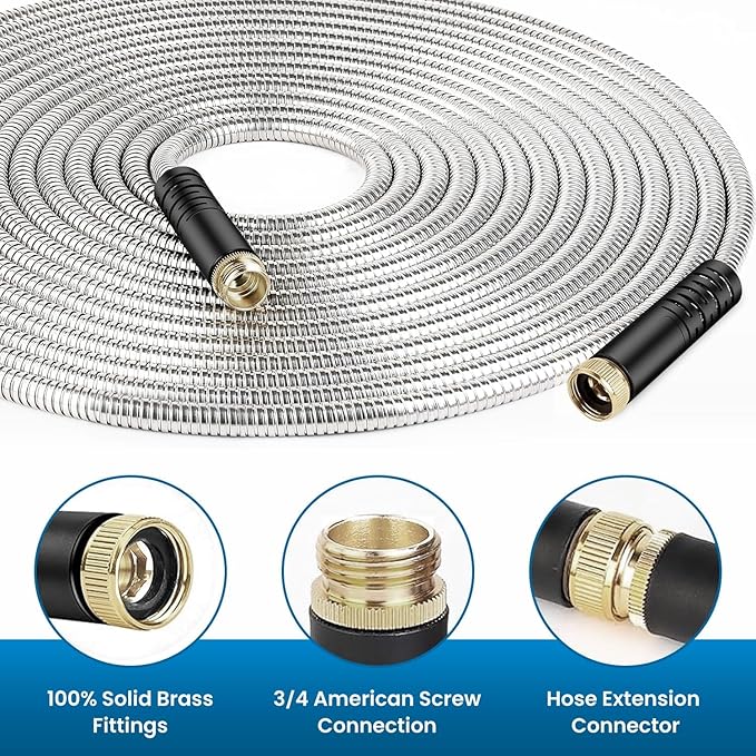 Garden Hose 100FT, Water Hose with 10 Function Nozzle, Garden Hose Metal with Leak-proof Connectors, Kink-Free & Ultra Flexible, Rust/Pet/Puncture Proof for Lawn, Yard, RV, Car Wash, 550PSI