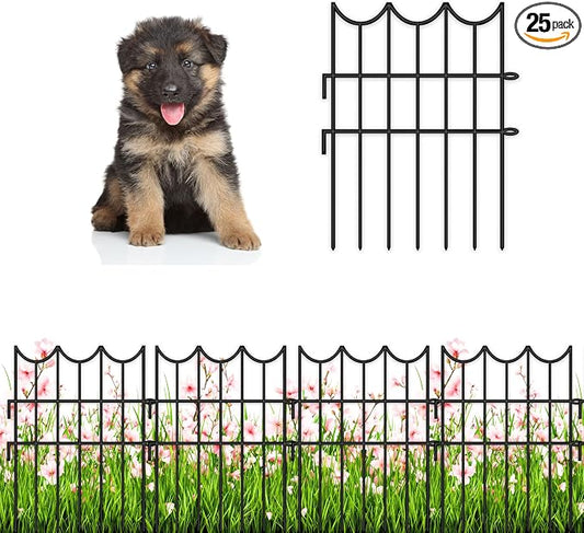 ShopLaLa Decorative Fences (25 Panels) 12in(L) x 16.5in(H) Rustproof Black Metal Wire Fencing Animal Barrier for Small Dogs, Flower Bed Edging for Landscape Patio Outdoor Decor Gates and Fence Border