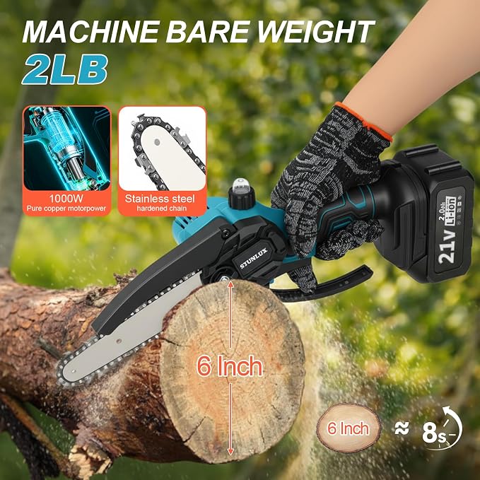 Mini Chainsaw Cordless, 6 Inch Handheld Electric Chain Saw with 2 Batteries, 21V Battery Powered with Security Lock for Tree Trimming, Wood Cutting, Pruning, Gifts for Men Dad Husband