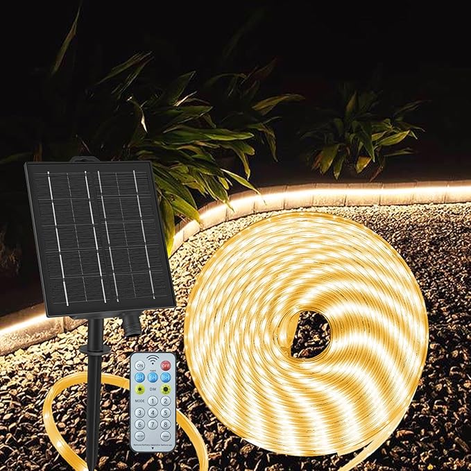 echosari 32.8Ft Solar Strip Lights Outdoor, IP68 Fully Waterproof LED Strip Lights with Timer Remote Auto ON/Off, Self-Adhesive Strip Lights for Camping Pool Patio Decor (Warm White)