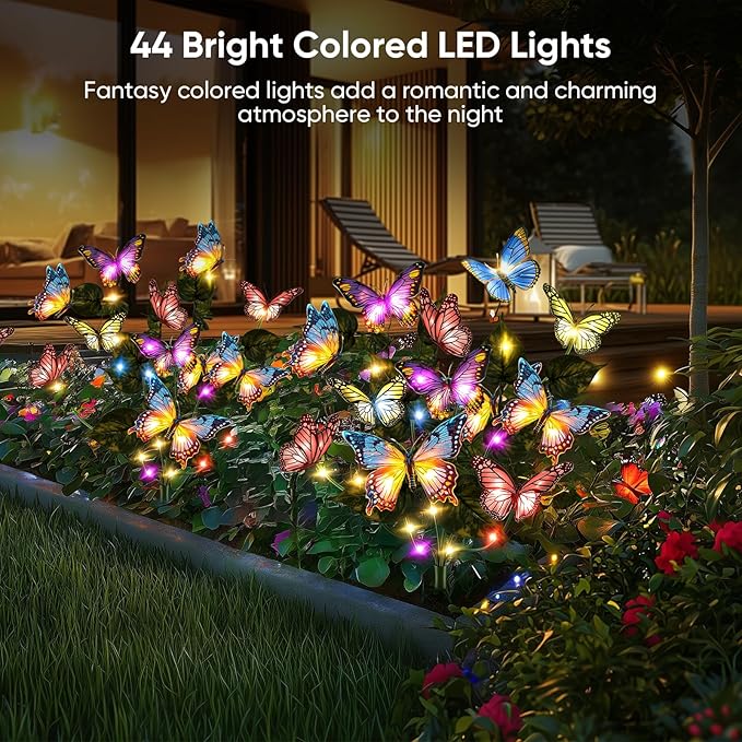 Solar Lights Outdoor Garden Decor: 4 Pack 68 Silk Butterflies with 88 Color-Changing LEDs - Auto On/Off 12H Magical Lighting IP65 Waterproof for Yard Patio Pathway - Unique Gifts for Mom Grandma