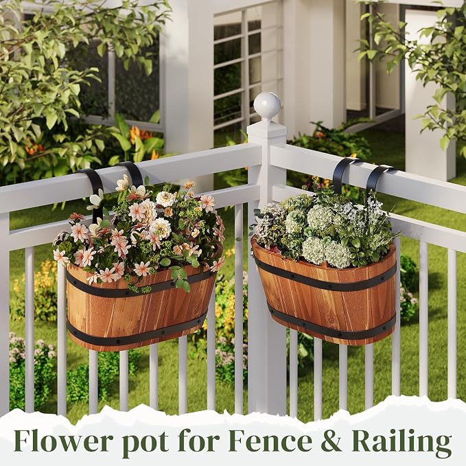 Railing Planters for Outdoor Plants Balcony Hanging Flower Pots with Detachable Hooks, Window Flower Box Hanging Bucket Pots Fence Planters for Garden Home Decor (Brown-2pack, Small)