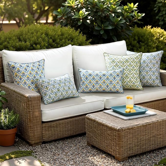 ANRODUO Floral Outdoor Pillow Covers 16x16 Waterproof Set of 2 Block Print Accent Decorative Cushion Cases with Refined Edge Piping for Spring Patio Porch Garden Couch Sofa Bench Decor Yellow