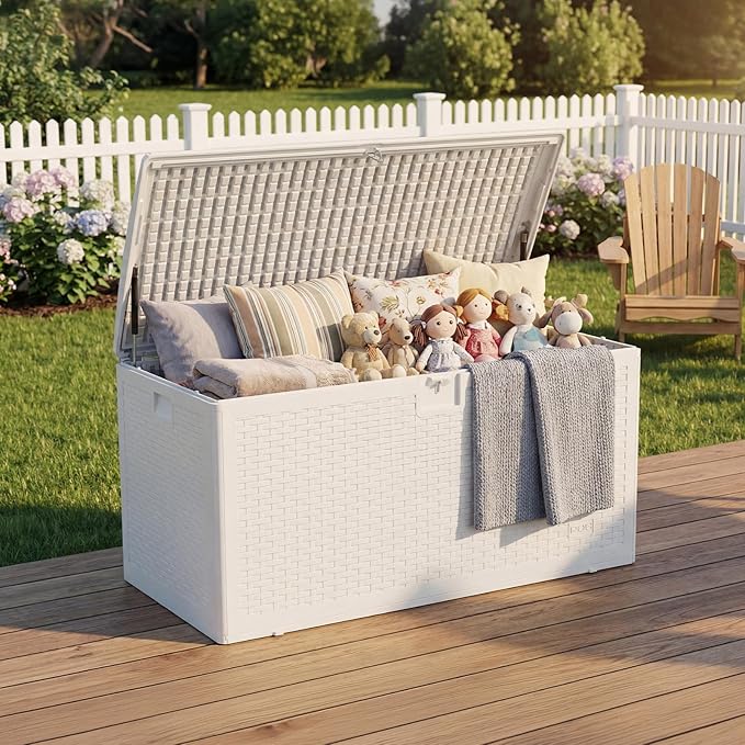 73 Gallon Waterproof Large Resin Deck Box Indoor Outdoor, Lockable Storage Container for Patio Furniture Cushions, Throw Pillows, Garden Tools, and Pool Floats, White 44.5"L * 21.1"W * 22"H