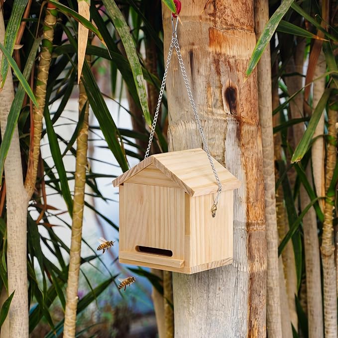 2 Pack Carpenter Bee Trap Outdoor (5.7" L x 4.3" w x 6" h) - Hanging Wooden Bee Catcher with Iron Wire, 2 Mesh Screens & 8 Sticky Pads Refills, Natural Pest Control for Wasps & Mud Daubers