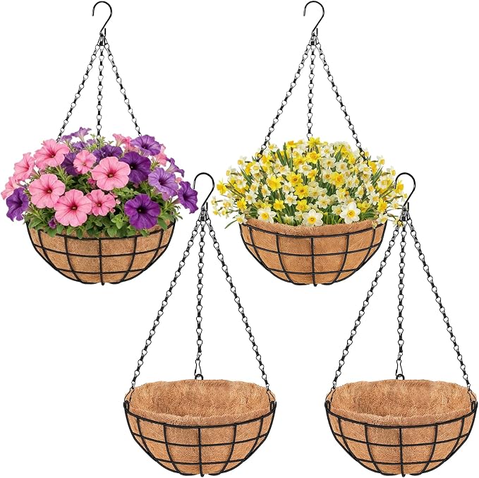 14 Inch Hanging Baskets for Plants Outdoor, 4 Pack Large Hanging Planters for Outdoor Plants, Round Metal Wire Hanging Flower Pots with Coconut Coir Liners for Garden, Deck, Porch, Balcony