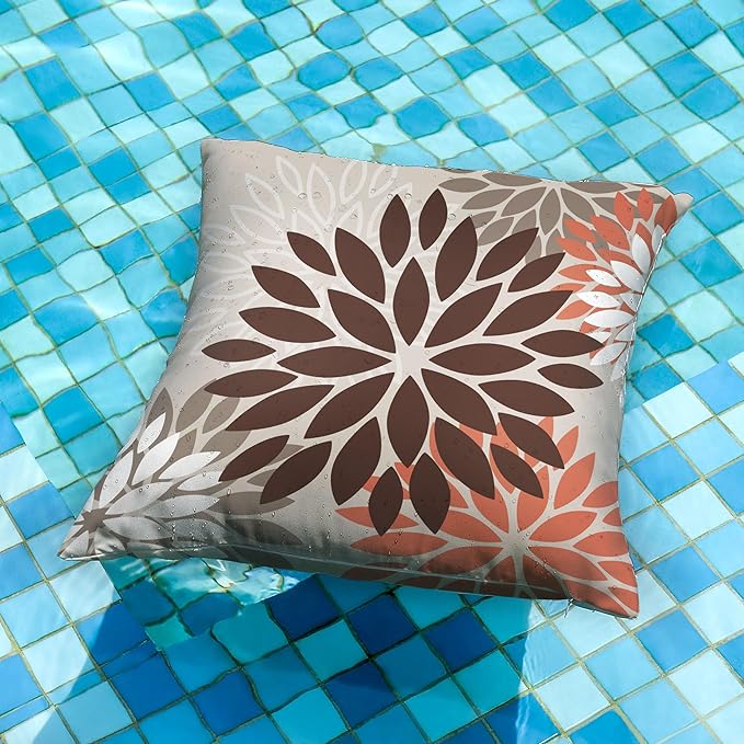 DFXSZ Brown Red Orange Pillow Covers 18x18 Inch Set of 2 Flower Throw Pillows Outdoor Waterproof Decor for Living Room Couch Patio Funiture Garden Modern Floral Polyester Pillow Covers 002A18