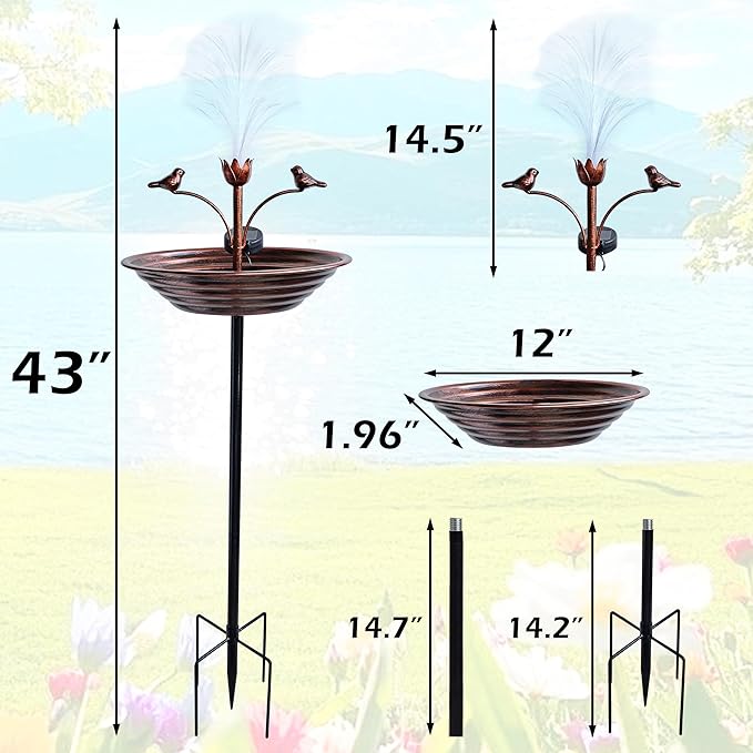 JOYBEE 43In Metal Solar Bird Bathtub with Optical Fiber -Bird Baths Feeder Bowl for Outside, Vintage Freestanding Birdbaths, Bird Baths Outdoor Stake for Garden Patio Yard Lawn Decor (Brown)