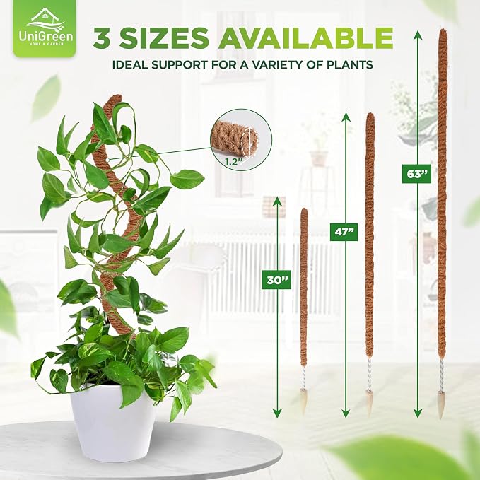 UNIGREEN HOME&GARDEN 63"" Moss Poles for Climbing Plants - Stackable Poles for Plants - Extendable Plant Sticks Climbing Vine Supporting Trellis, Natural, POLESET4