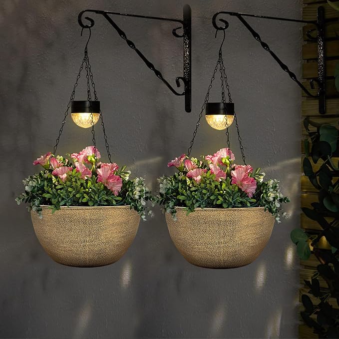 BAYN 2 Packs Solar Hanging Basket Planters for Plants Outdoor, Self Watering Copper Flower Plants Pots with Solar Light Drainer for Balcony Patio Garden Outdoor Decoration