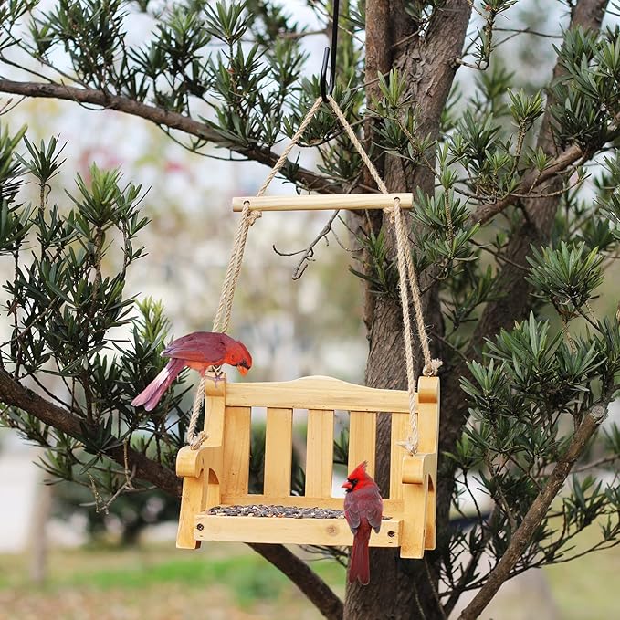 CEDAR ALPHA 2pk Cedar Swing Birdfeeder,Traditional Regency Seat Style, Solid Wood Hand Curve Cutting, Rustic Proof Metal Mesh Tray, Bird Feeder for Outside, BJD Dolls Swing