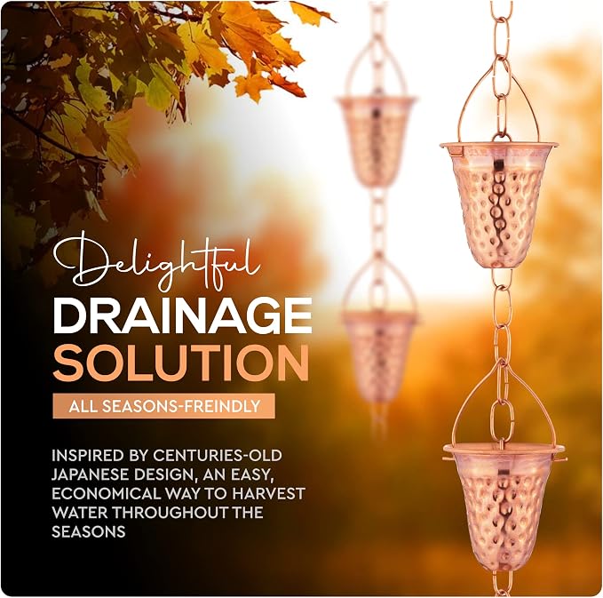 Copper Rain Chain – Decorative Chimes & Cups Replace Gutter Downspout & Divert Water Away from Home for Stunning Fountain Display – for Universal Fit
