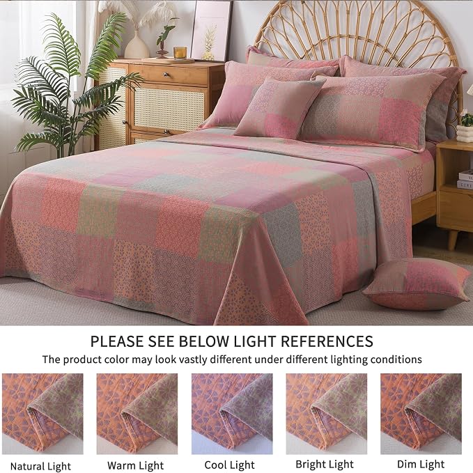 FADFAY Queen Sheets Set 100% Cotton Washed Double Gauze Muslin Bedding 4Pcs Boho Patchwork Checkered Floral Sheets Shabby Geometry Farmhouse Bedding Super Soft Deep Pocket Fitted Sheet, Queen Size