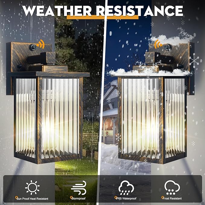 2 Pack Outdoor Wall Lights with Dusk to Dawn Sensor, Waterproof Exterior Lights for House Porch and Garage, Black Brush Gold Metal Wall Sconce with Textured Glass