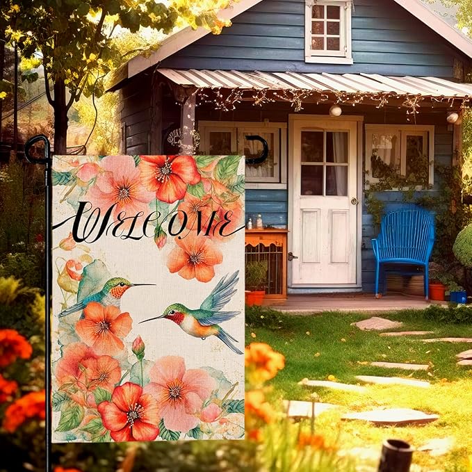 Hummingbird Garden Flag Summer Welcome Printing Garden Flag Watercolor Burlap Yard Flags for Outside Double Side Floral Spring Garden Flags Decor Standard Size 12×18 Inch
