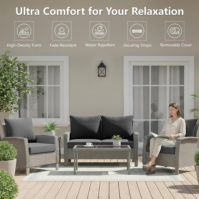 22x22 Inch Patio Chair Cushions Set of 4, Outdoor Furniture Cushions - Removable Cover, Water-Repellent, Fade-Resistant, Non-Slip Bottom & Straps, Replacement for Lawn, Porch & Deck Chair - Dark Grey