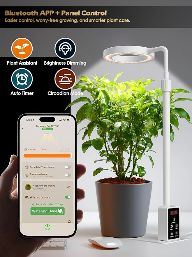 Smart Grow Lights for Indoor Plants, Plant Light with Auto-Timer, Full Spectrum LED Grow Light, Adjustable Height & Stepless Dimming,Plant Assistant Suitable for Most Plants (White(Desktop1))