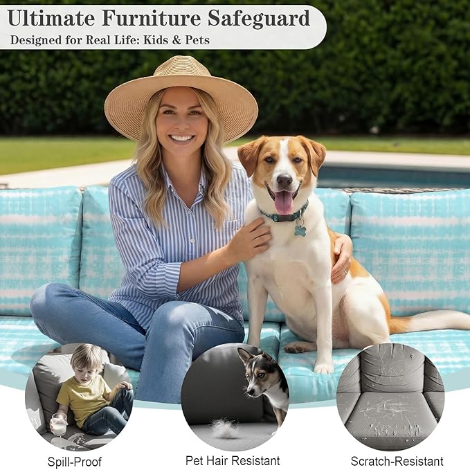 8 Pack Outdoor Cushion Covers Water Resistant High Stretch Fit Patio Cushion Covers 180g Couch Seat Slipcovers Machine Washable Pet & Kids Friendly Home Refresh 20-27 Inch, Teal Tie-Dye