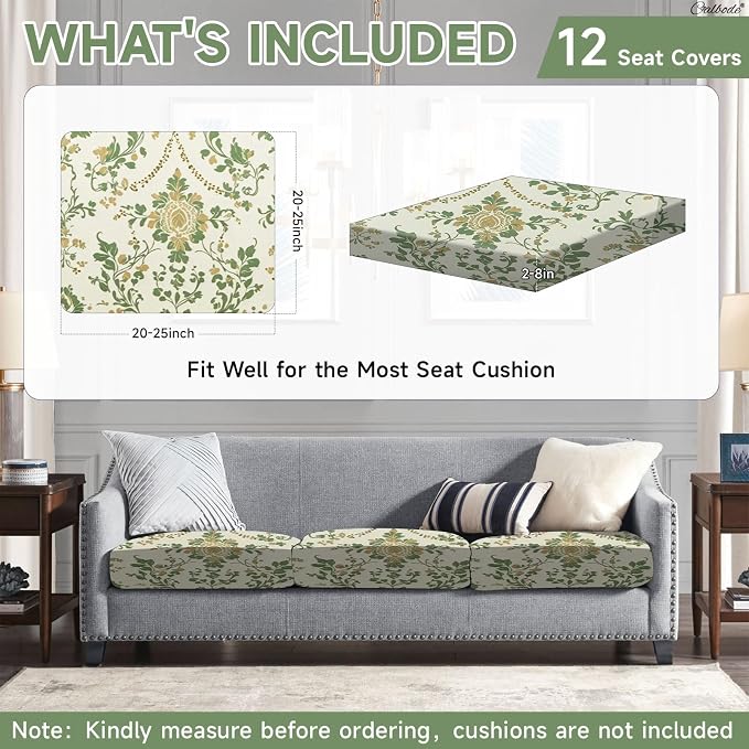 CALBODE 12 Pcs Stretch Outdoor Seat Cushion Covers, Washable Chair Seat Cover for Patio Furniture Cushions Soft Indoor and Outdoor Couch Cover Replacement (Green Vines, Cover Only)