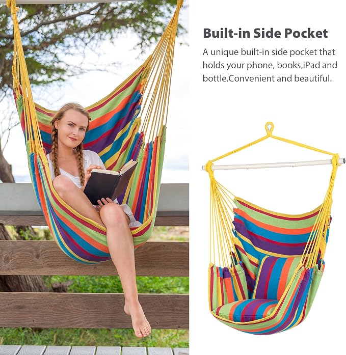 SUNCREAT Hammock Chairs Hammock Chair Swing with Steel Support Bar, Side Pocket, Large Swing Chair for Bedroom, Patio, Garden, Rainbow
