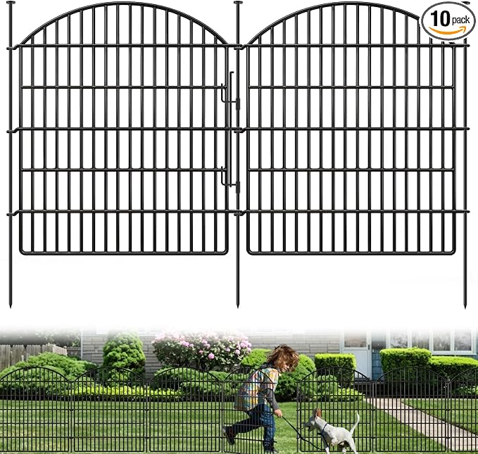10 Panels Garden Fence Animal Barrier with Lock, 33in (H) x 24ft (L) Dog Fences Outdoor for Yard No Dig Rustproof Decorative Tall Metal Panel Border Rabbits Temporary Ground Stakes Fencing