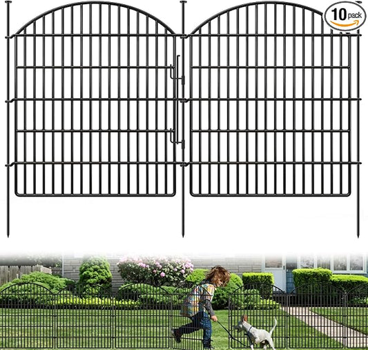 10 Panels Garden Fence Animal Barrier with Lock, 33in (H) x 24ft (L) Dog Fences Outdoor for Yard No Dig Rustproof Decorative Tall Metal Panel Border Rabbits Temporary Ground Stakes Fencing