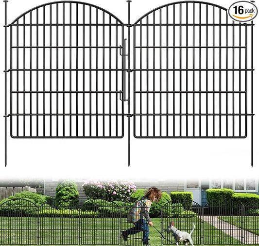 16 Panels Decorative Garden Fence with Lock, 33in (H) x 38.67ft (L) No Dig Dog Animal Barrier for Outdoor Yard, Rustproof Ground Stakes Metal Fencing for Yard, Patio, Flower Bed