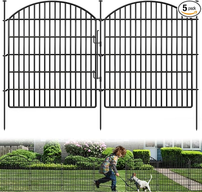 5 Panels Garden Fence Animal Barrier with Lock, 33in (H) x 12ft (L) Dog Fences Outdoor for Yard No Dig Rustproof Decorative Tall Metal Panel Border Rabbits Temporary Ground Stakes Fencing