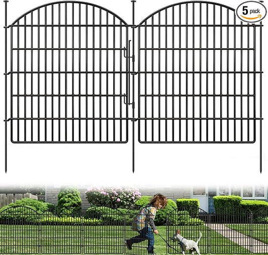 5 Panels Garden Fence Animal Barrier with Lock, 33in (H) x 12ft (L) Dog Fences Outdoor for Yard No Dig Rustproof Decorative Tall Metal Panel Border Rabbits Temporary Ground Stakes Fencing