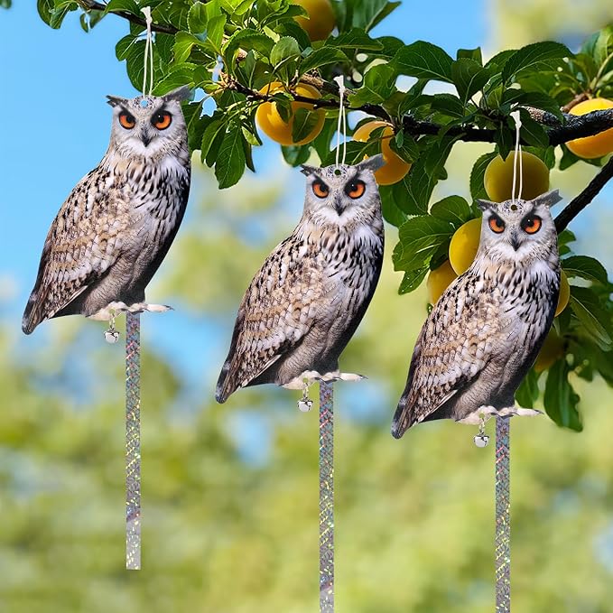 3 Pack Bird Scare Owl Fake Owl, Reflective Hanging Bird Decoration, Effective Bird Control Device to Keep Birds Pigeon Woodpecker Away from Patio Garden