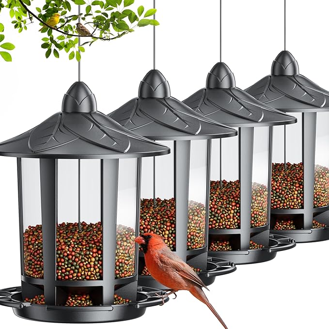 Birdream 4 Pack Bird Feeders for Outdoor Hanging, Assembly Required, 1-Min Easy Setup, Charming Castle Design, Attracting Cardinals Chickadees Goldfinches & Sparrows - Black