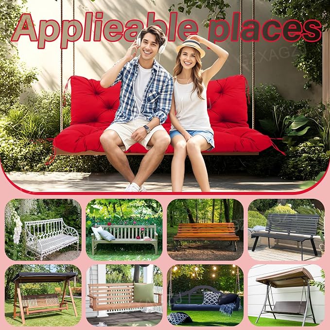 Porch Swing Cushions Outdoor 48 inch Waterproof Extra Thick 5" Swing Cushions Replacement with Backrest and Ties for Outdoor Furniture Porch Patio Garden Lawn (Bright red)