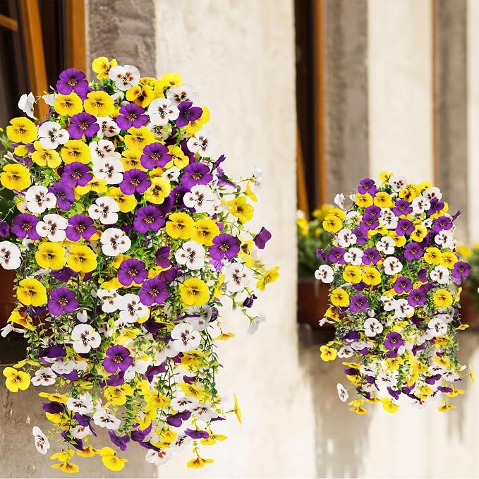 Giegxin 12 Pcs Artificial Hanging Pansy Flowers, 30 Inch Faux Pansies UV Resistant Plastic Hanging Plants for Outdoor Spring Summer Decor, for Porch Patio Garden Window Home (Yellow,White,Purple)