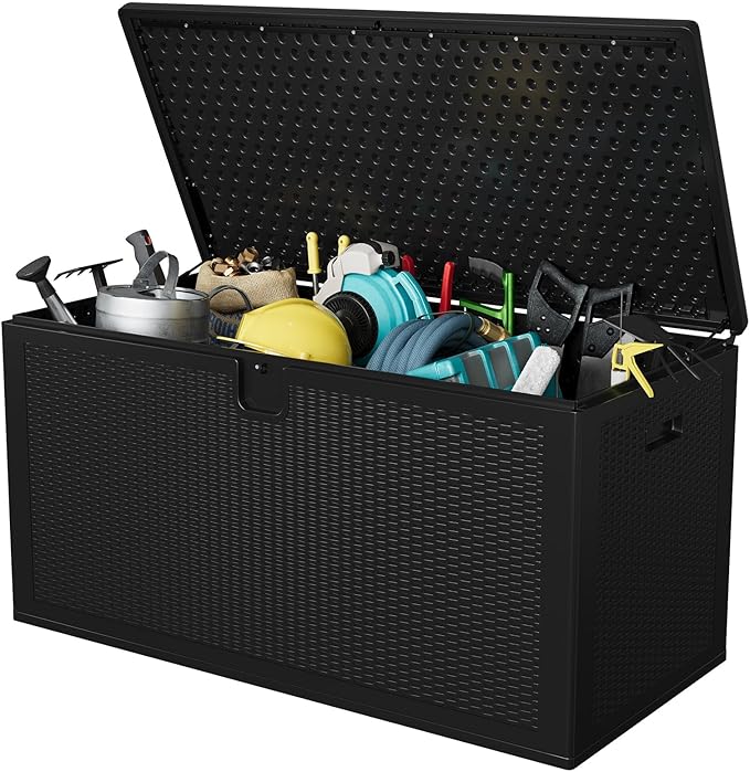 150 Gallon Resin Deck Box Outdoor Storage – Heavy Duty Waterproof & UV-Resistant, Lockable Lid, Reinforced Stability for Patio Cushions, Garden Tools, Pool Supplies, Black