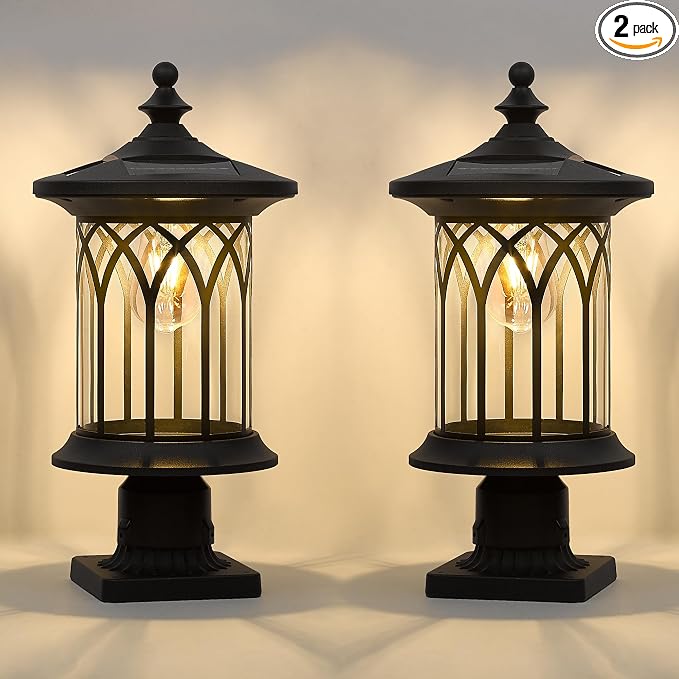 2 Pack Solar Post Lights Outdoor Waterproof Dusk to Dawn E26 IP44 | 2 pack dusk-to-dawn solar post lights with E26 base, IP44 waterproof PC shell, 2600mAh battery for pathway, driveway, lawn
