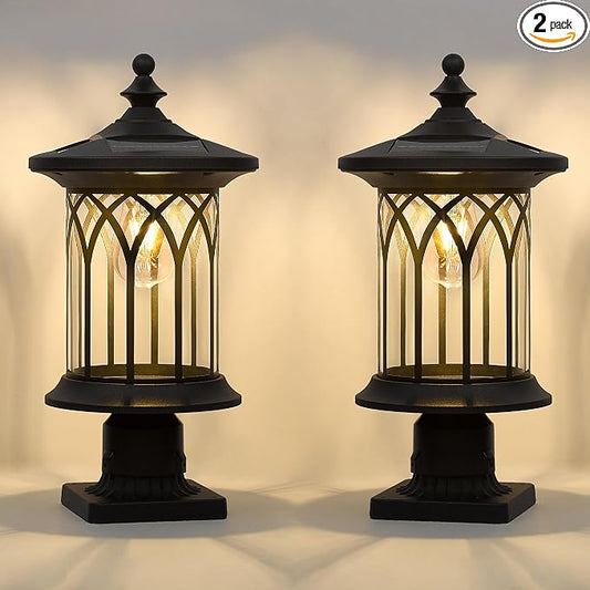 2 Pack Solar Post Lights Outdoor Waterproof Dusk to Dawn E26 IP44 | 2 pack dusk-to-dawn solar post lights with E26 base, IP44 waterproof PC shell, 2600mAh battery for pathway, driveway, lawn