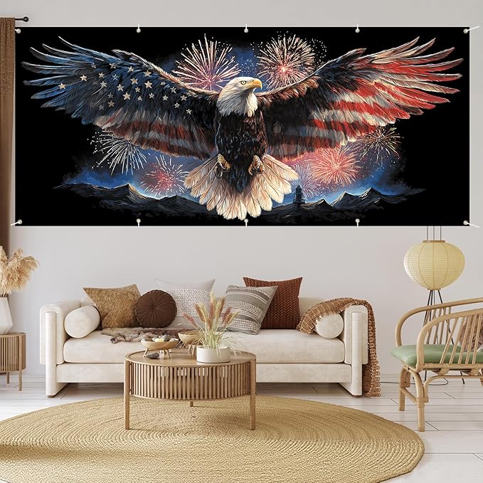 7 * 16FT Summer Garage Door Cover Decorations Sunset Palm Trees Garage Door Banner for Outdoor Indoor Summer Party Photography Backdrop (Eagle Flag Fireworks, 7 * 16 ft)
